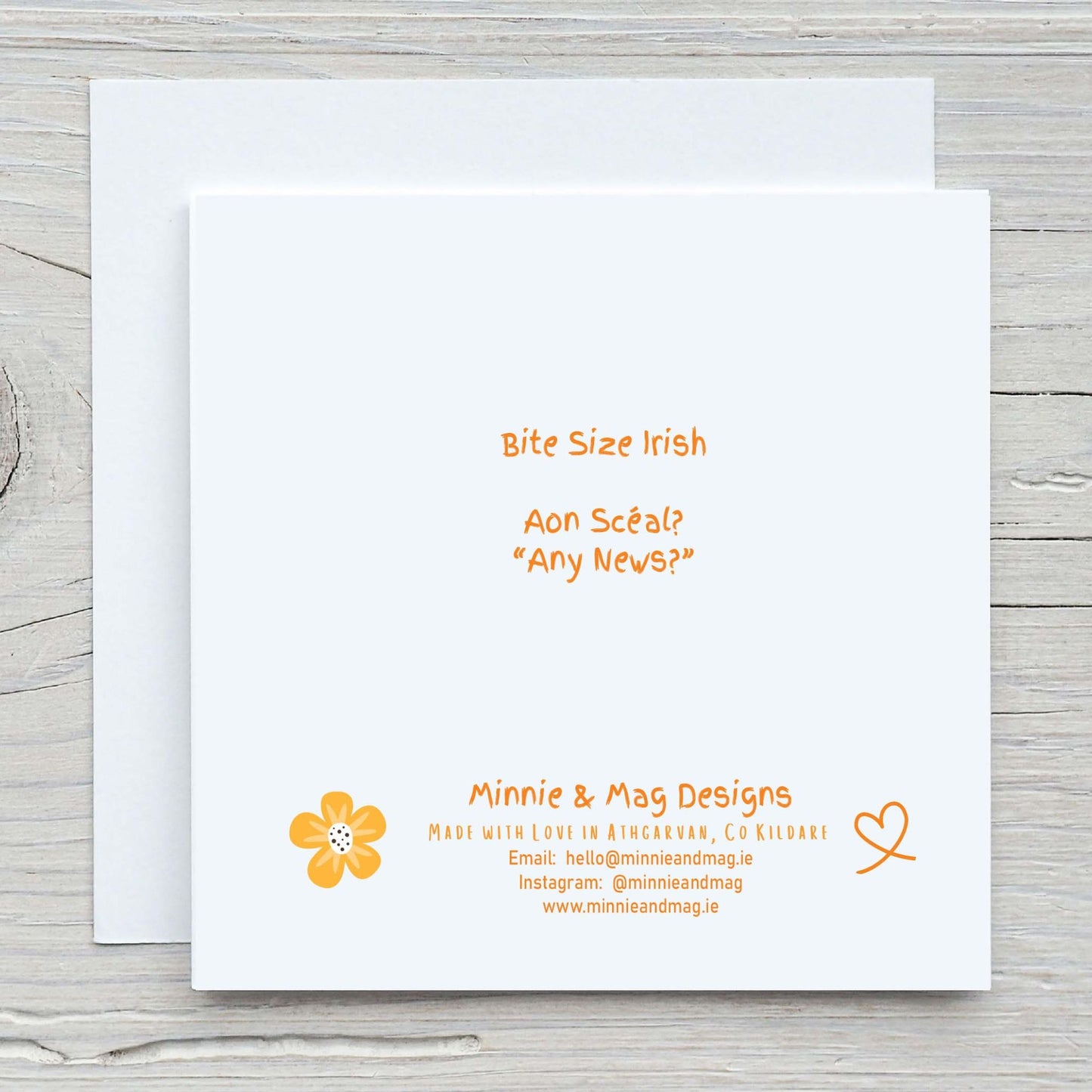Back of greeting card shows bite size Irish translation of Aon Scéal to Any news? Comes with white envelope