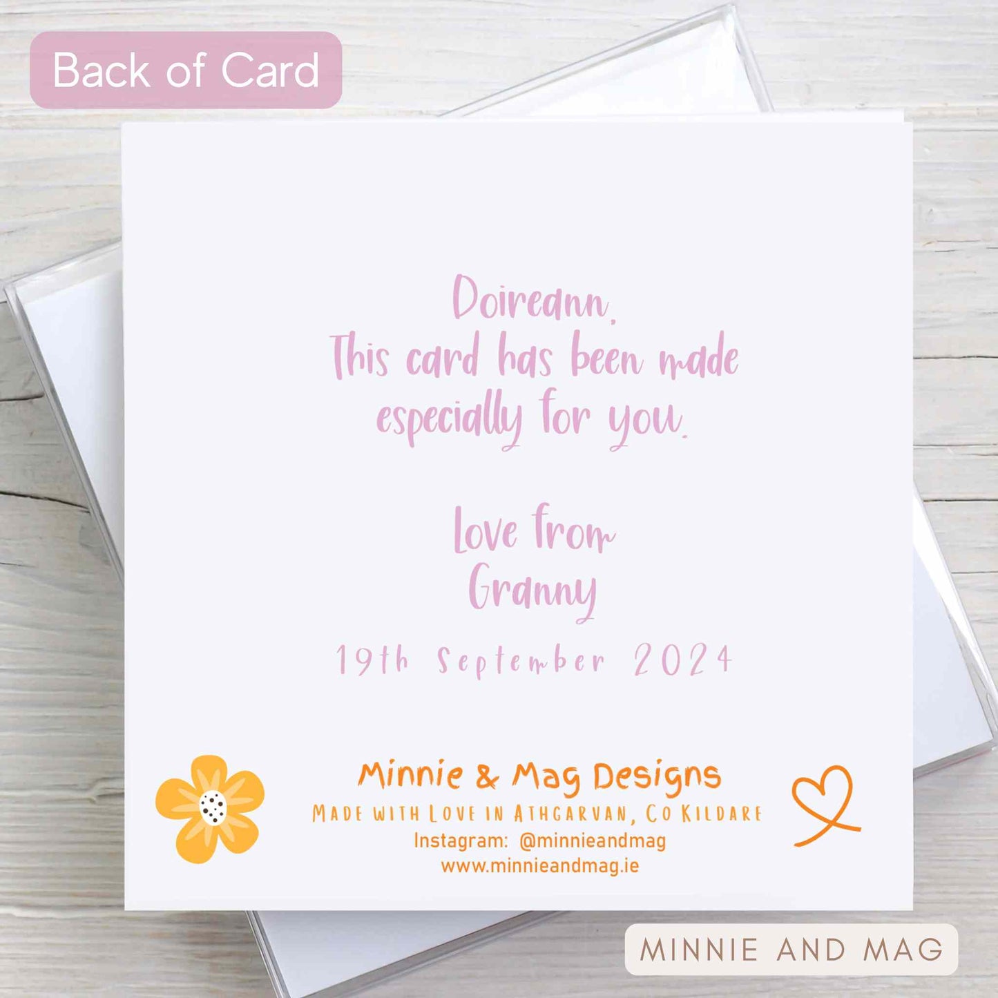 Message for kids Birthday card for a girl. Personalised message on back of card including birthday date.