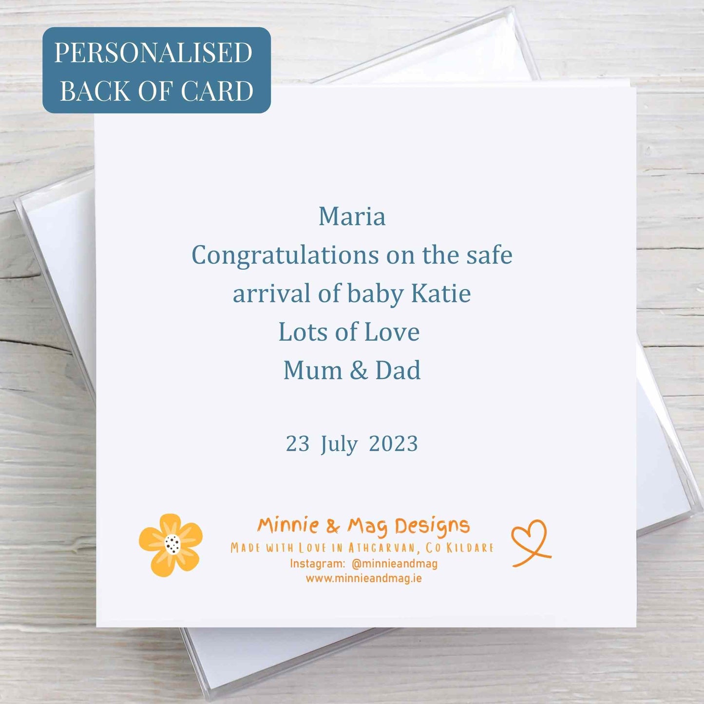 Back of Welcome to the World card showing personalised message from sender.