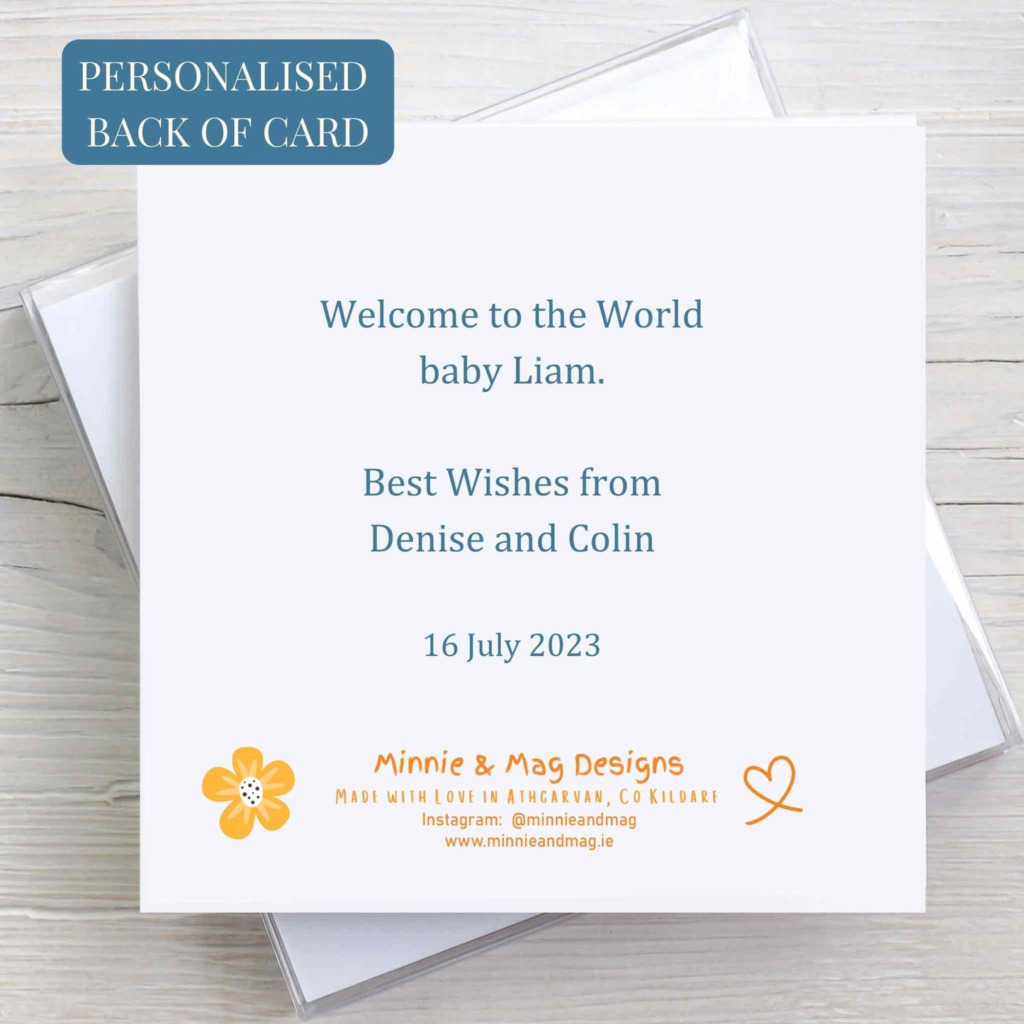 Back of New Baby Congratulations Card with printed personalised wording.