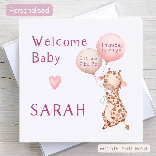Greeting card personalised for new baby girl, including date of birth and a cute giraffe illustration.