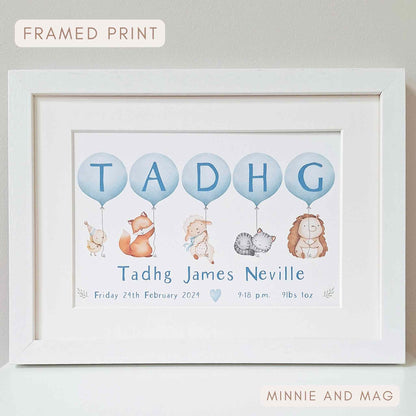 Baby Boy Name Print with Personalised Blue Balloons