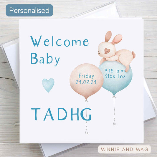 New Baby Birth details card featuring bunny illustration, baby name, date of birth, time of birth and baby weight.