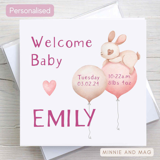 Baby Girl Card with Birth Details and Bunny Illustration