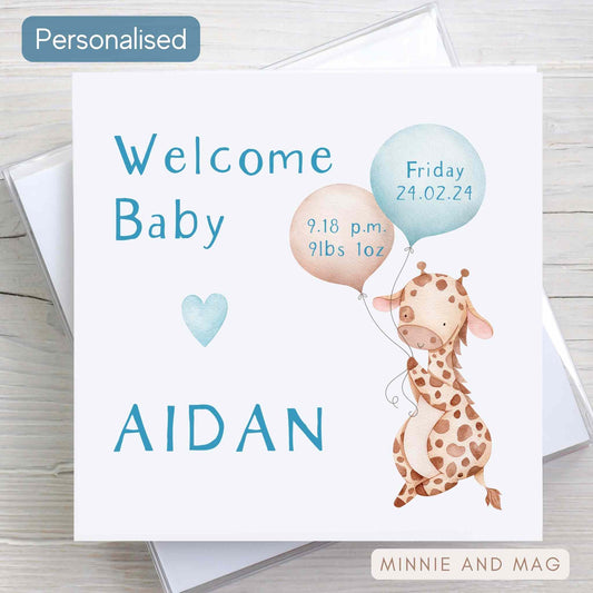 Welcome to the World Baby boy card with illustration of a giraffe holding balloons and showing baby's name.