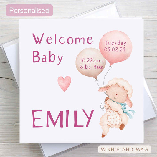 Personalised Baby Girl Birth Stats Greeting Card featuring a cute lamb illustration and newborn girl's name and birth details. Baby Date of Birth, Time of Birth and Weight all in pink