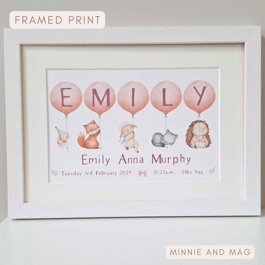 Framed print for new baby girl featuring Personalised birth details and baby name in pink balloons.