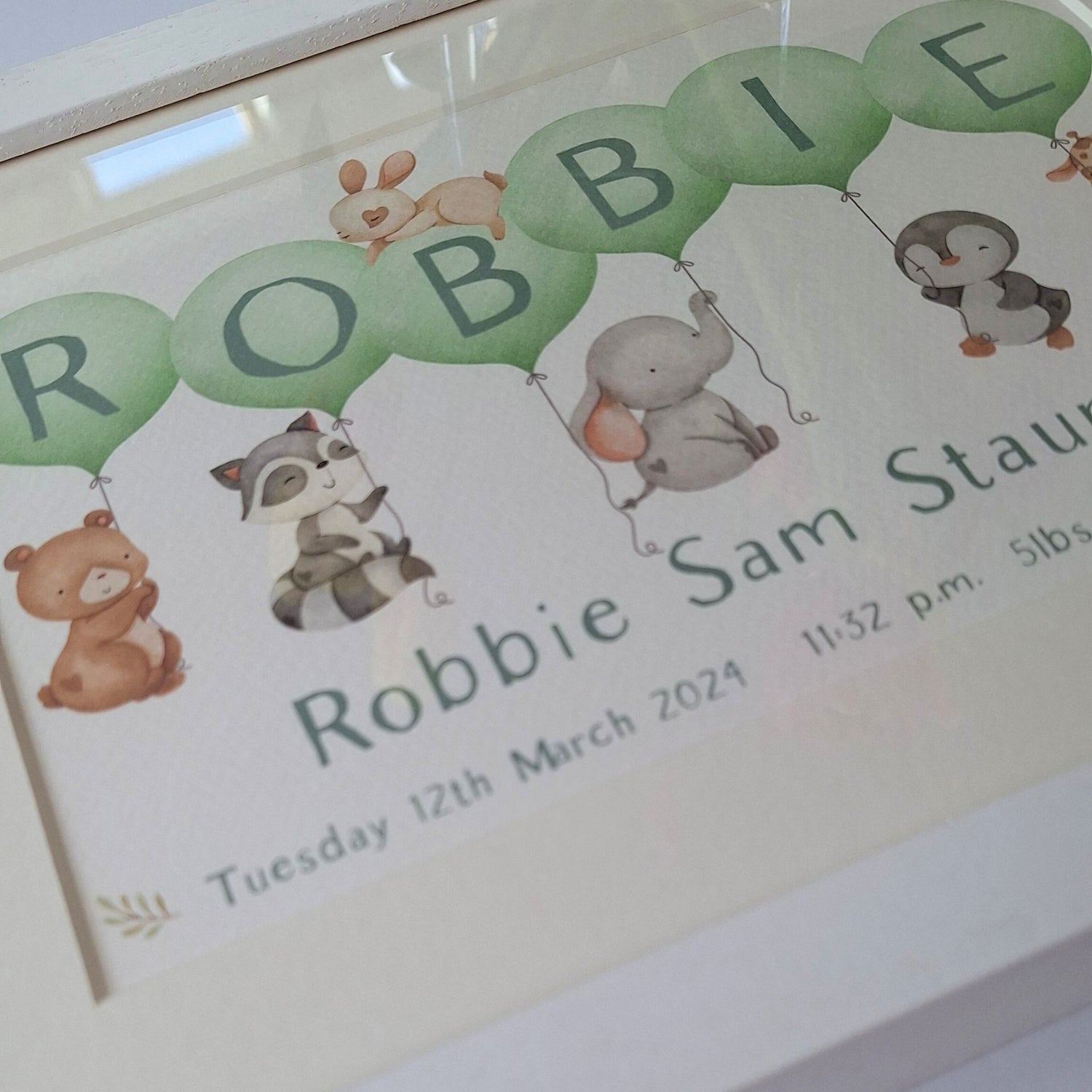 Christening Gift idea for a new baby boy. Personalised baby name frame, shown in green.