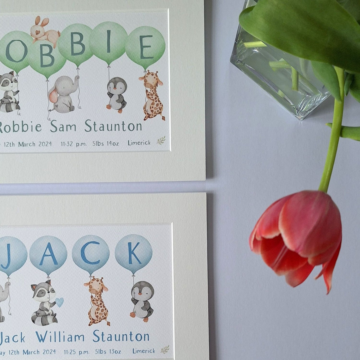 Gift idea for a new baby boy. Personalised baby name print shown in green and blue colour options.