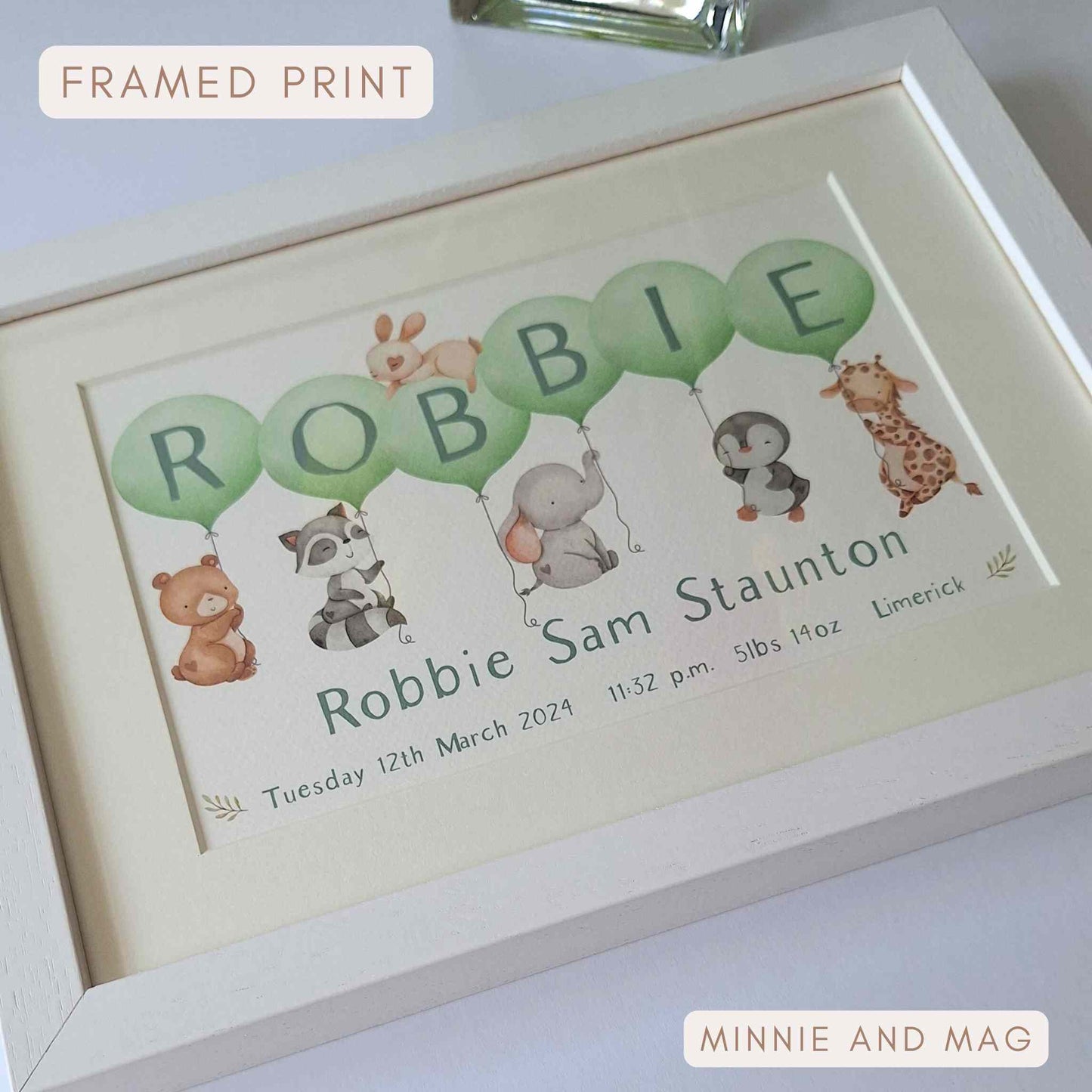 Framed Baby Boy Name Frame featuring cute animals