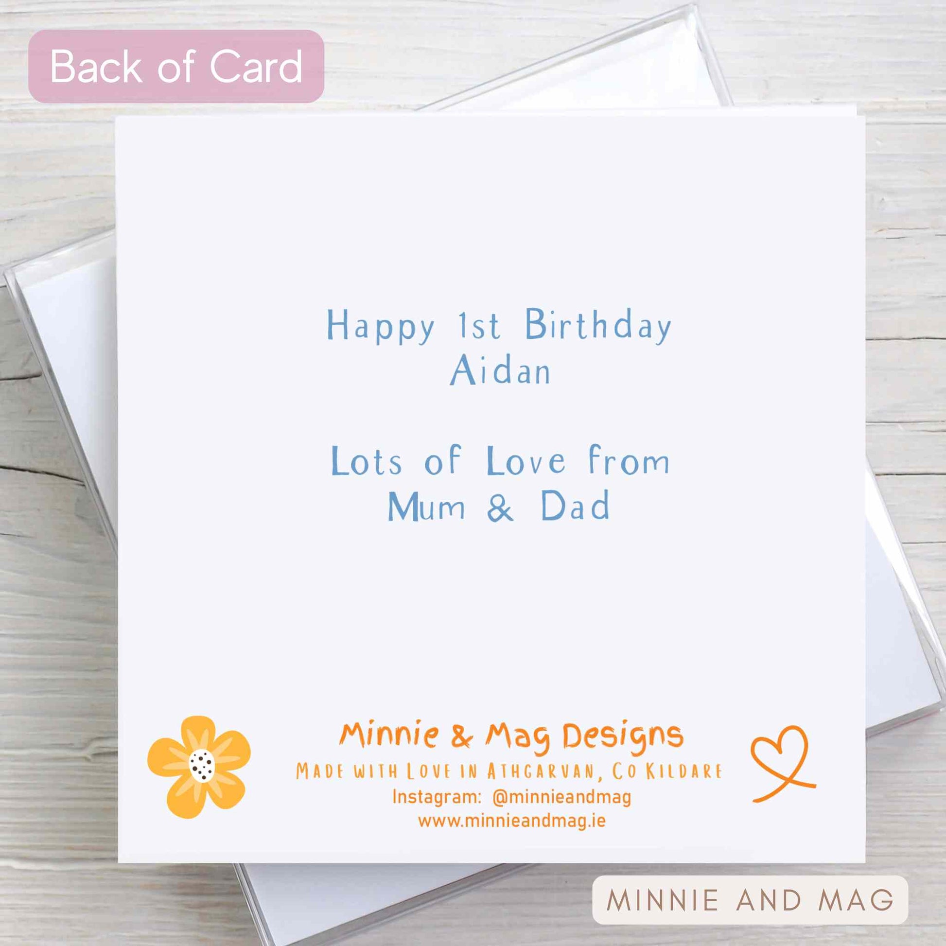 Happy 1st Birthday card for a boy. Features blue stars and boys name and age.
