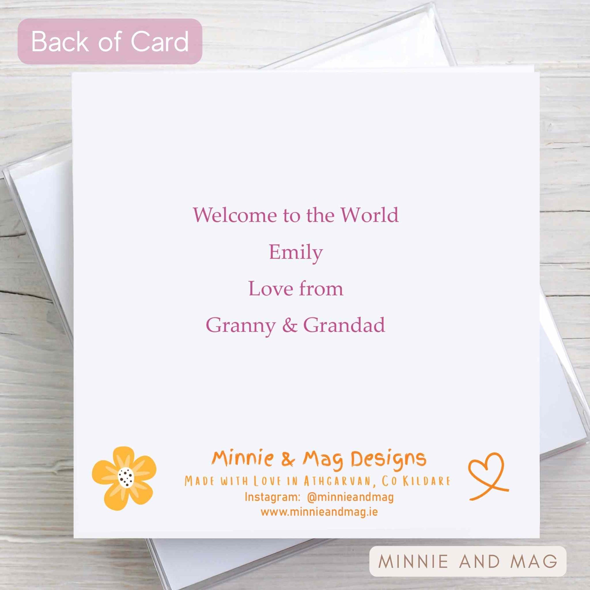 Back of Personalised Baby Girl Birth Details Greeting Card. Front of card shows birth stats and back of card has wording from sender. Card is made in Ireland