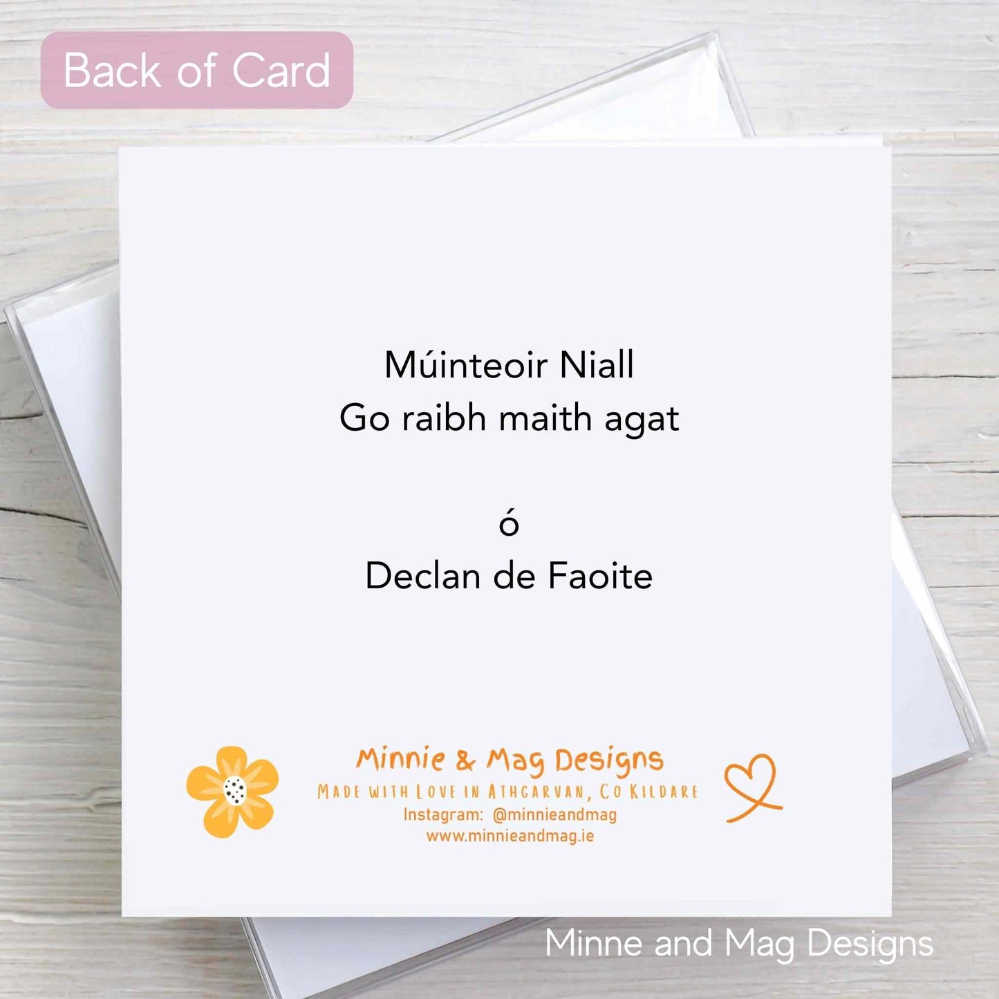 Back of GRMA Múinteoir Teach thank you card as gaeilge.