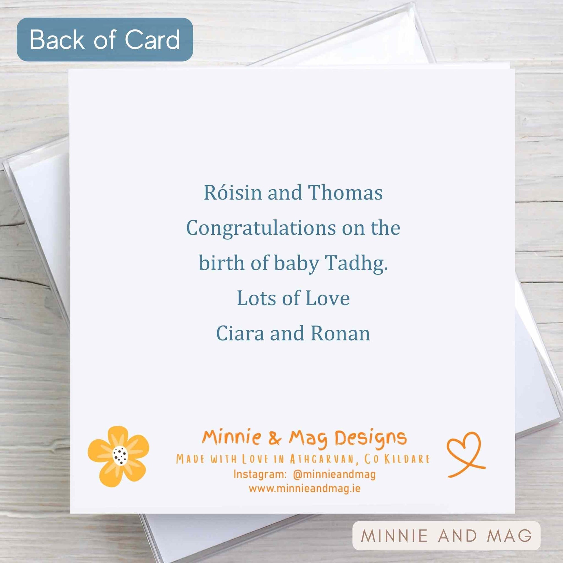 Personalised wording added to back of greeting card.