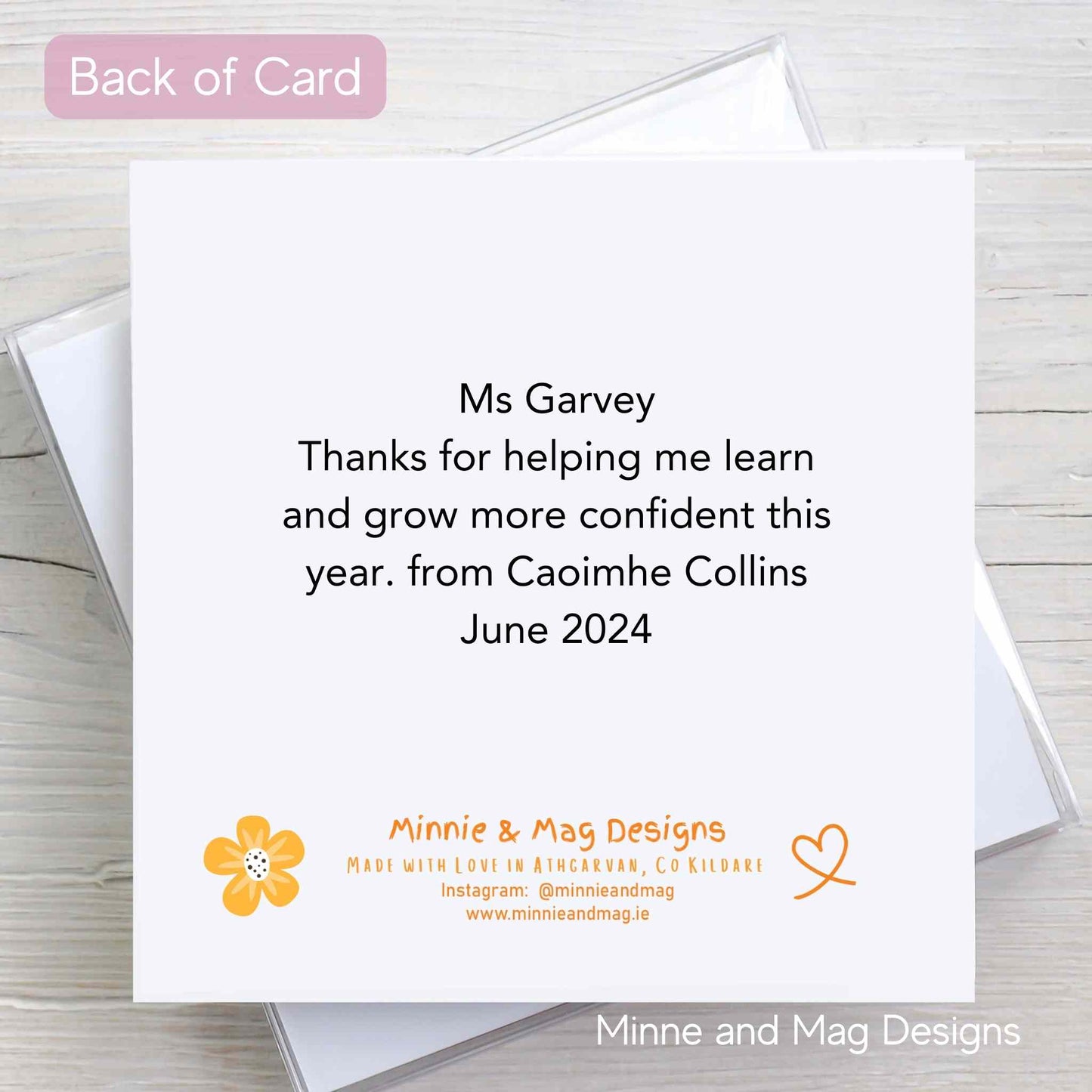 Back of Personalised Thank You card for Sports Coach, Montessori Teacher, Playschool or Creche staff. Pink Background
