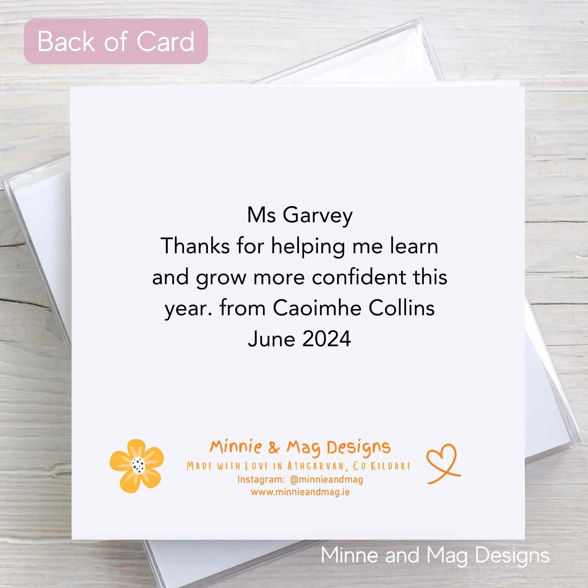 Back of Personalised Thank You card for Sports Coach, Montessori Teacher, Playschool or Creche staff. Pink Background