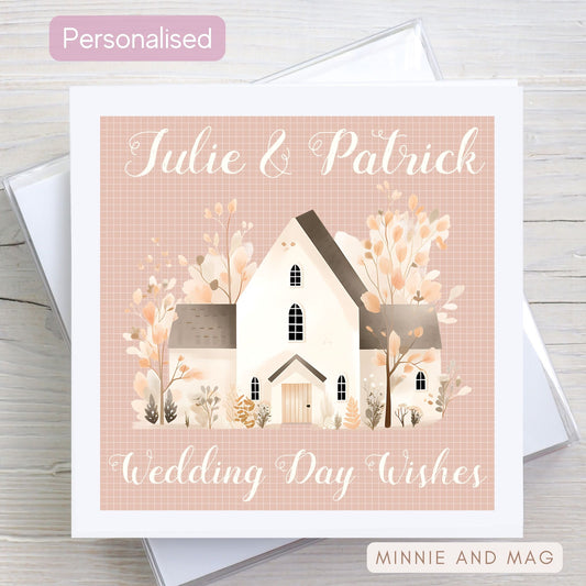 Wedding Card featuring wedding couple's names and Church Illustration on the front.
