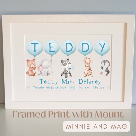 Personalised Baby Name with Blue Balloons and Wild Animals