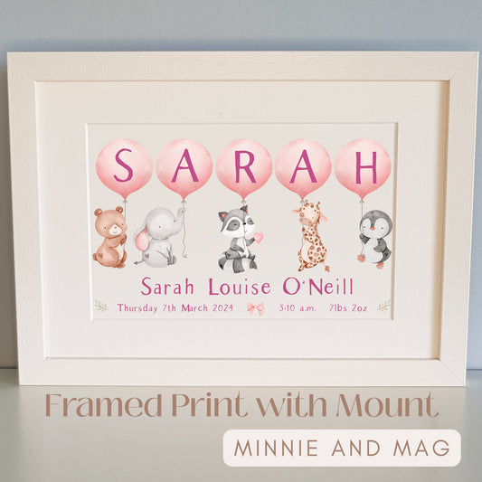 Personalised Baby Name with Pink Balloons and Wild Animals