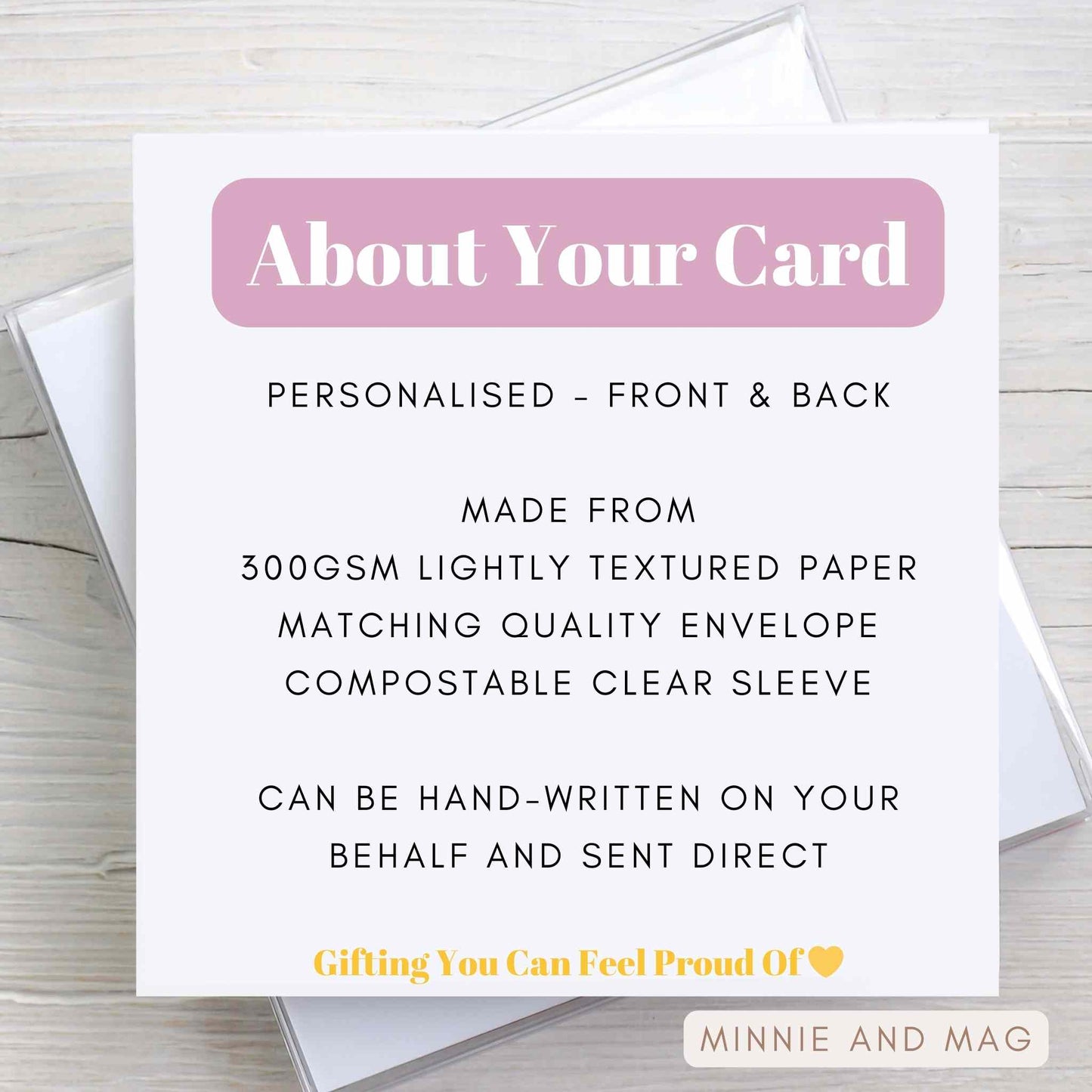 Details about material used in greeting card, including composable clear sleeve.