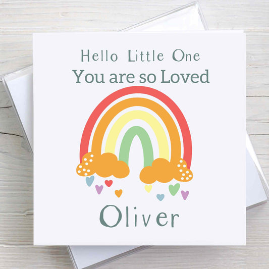 Personalised New Baby card with gender neutral, colourful rainbow design. Baby name is printed on the front of card.