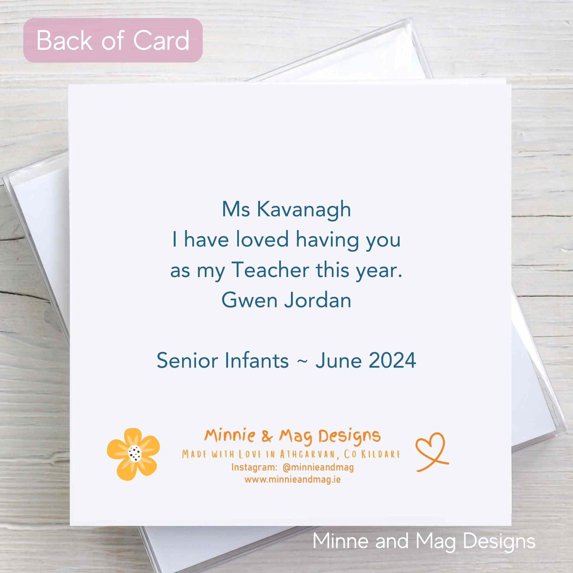 Back of Pretty Pink Thank You Teacher Personalised Card