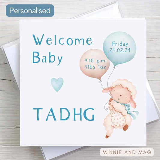 New Baby Birth details card featuring lamb illustration, baby name, date of birth, time of birth and baby weight.