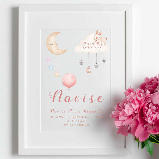 Illustrated baby name personalised print with soft white mount surround. and solid wood frame.
