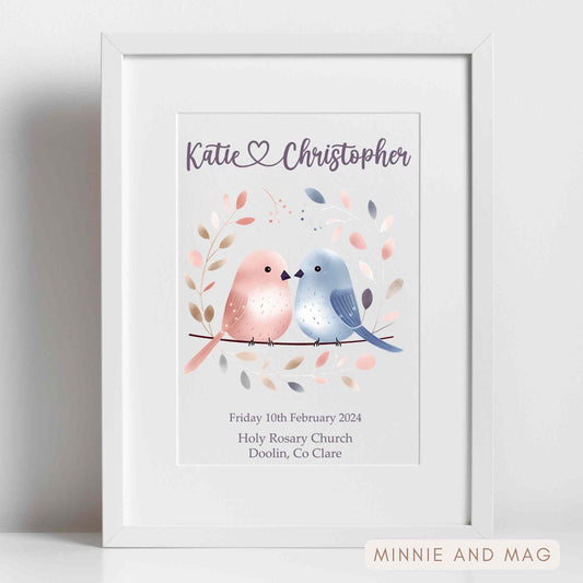 Personalised Wedding Picture frame featuring love bird, names and location of wedding. Image is set into a white wooden frame