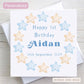 Personalised Age Birthday card for a boy. Features blue stars and boys name and age.