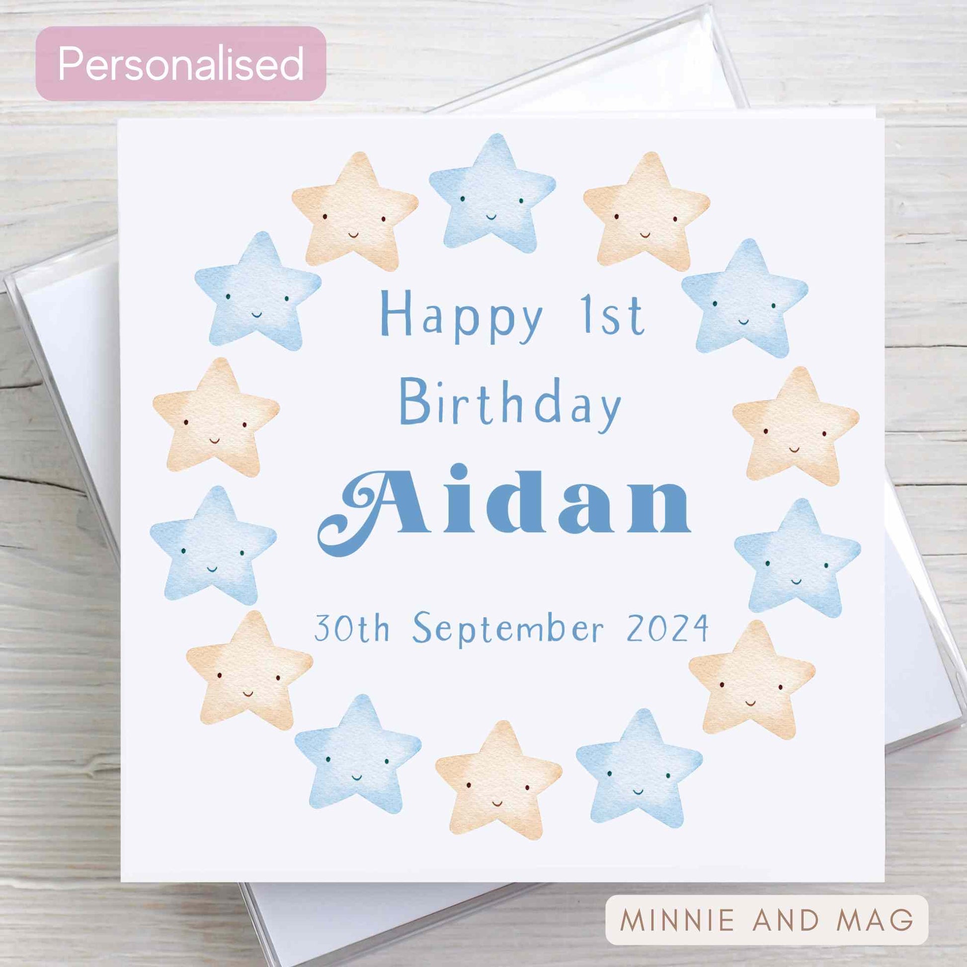 Personalised Age Birthday card for a boy. Features blue stars and boys name and age.