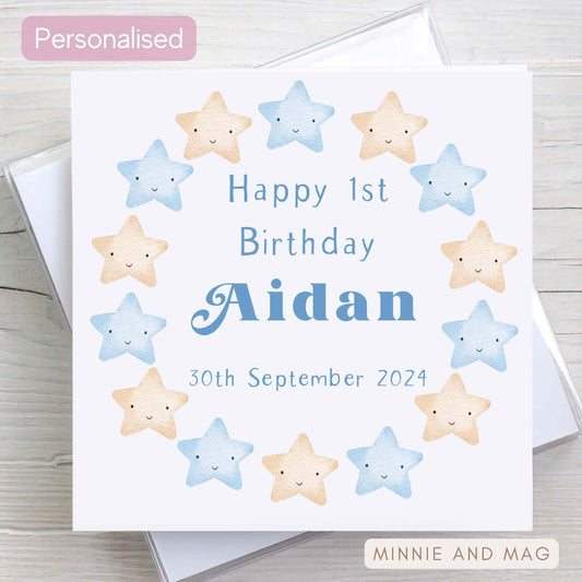 Personalised Age Birthday card for a boy. Features blue stars and boys name and age.