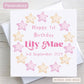 Personalised Age Birthday card for a girl. Features pink and yellow stars and girls name and age.