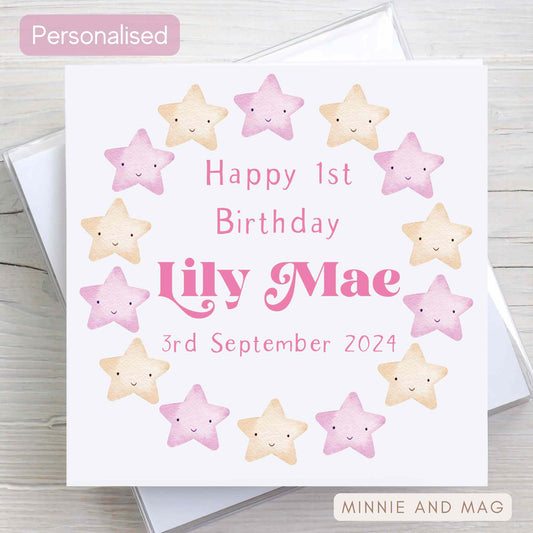 Personalised Age Birthday card for a girl. Features pink and yellow stars and girls name and age.