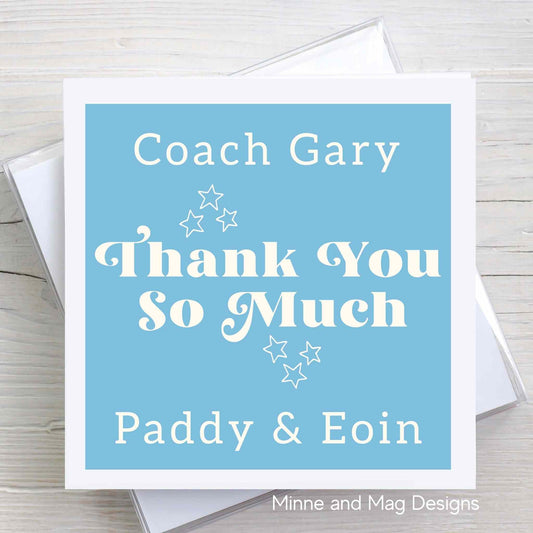 Personalised Thank You card for Sports Coach, Montessori Teacher, Playschool or Creche staff. Blue Background
