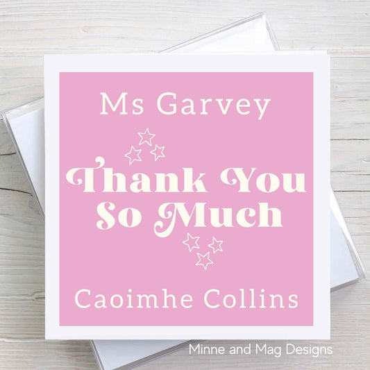 Personalised Thank You card for Sports Coach, Montessori Teacher, Playschool or Creche staff. Pink Background