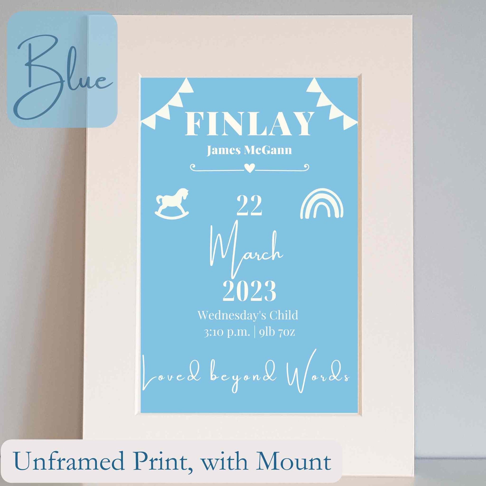 Personalised Print with blue background featuring baby or child's name, date of birth, time of birth and weight. Nursery décor details finish this design.