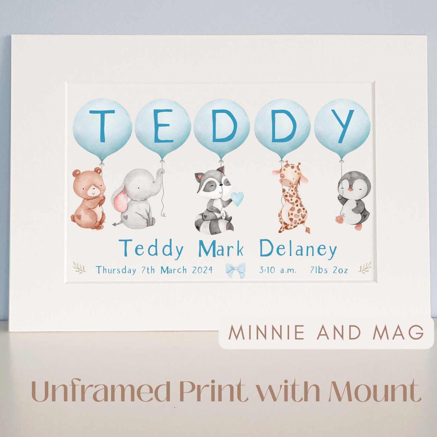 Personalised Baby Name with Blue Balloons and Wild Animals