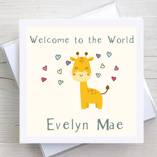 New baby, gender neutral, Welcome to the World card featuring a cute giraffe design with love hearts.  Baby name is printed on front of card.