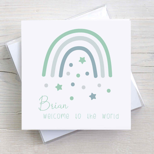 Welcome to the World Personalised baby card with Boho style green rainbow, stars, and dots.