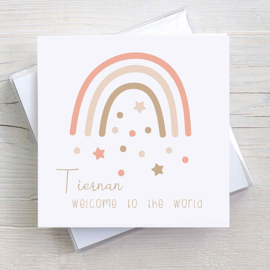 Welcome to the World Personalised baby card with Boho style neutrals rainbow, stars, and dots.
