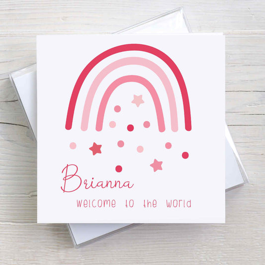 Welcome to the World Personalised card with Boho style pink rainbow, stars, and dots.