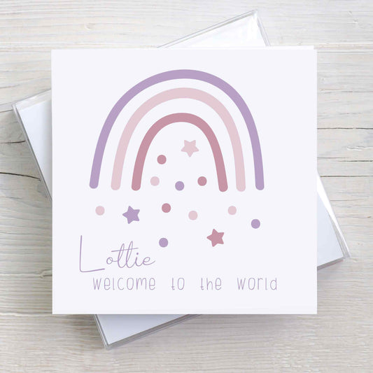 Welcome to the World Personalised card, Boho style purple rainbow with stars and dots.