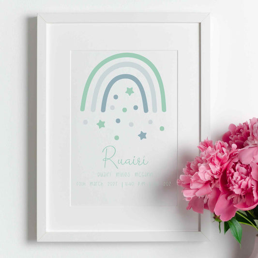 Personalised Framed Print with Green Boho Rainbow, baby’s name, and birth details. White Frame