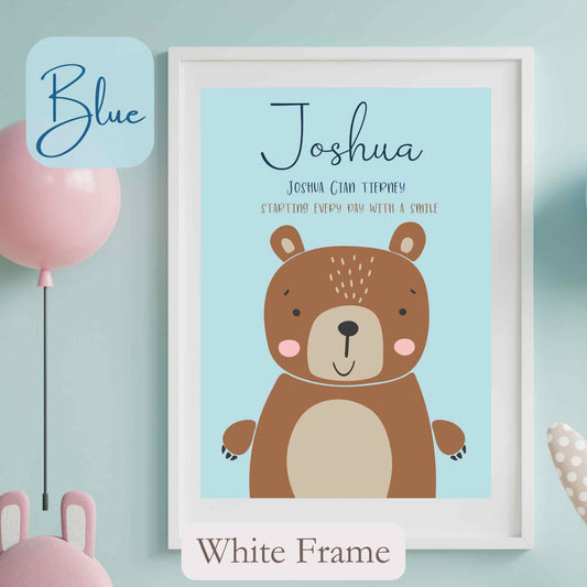 Personalised Framed Print with cute Bear, on blue coloured background with child’s name, and wording under name. White Frame.