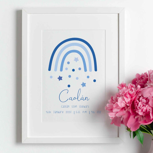 Personalised Framed Print with Blue Boho Rainbow, baby’s name, and birth details. White Frame
