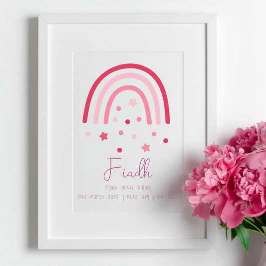 Personalised Framed Print with Pink Boho Rainbow, baby’s name, and birth details. White Frame