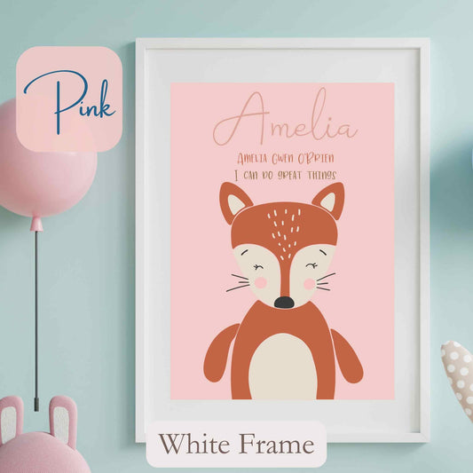 Personalised Framed Print with cute Fox, on pink coloured background with child’s name, and wording under name. White Frame.