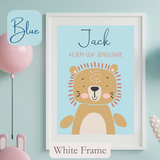 Personalised Framed Print with cute Lion, on blue coloured background with child’s name, and wording under name. White Frame.