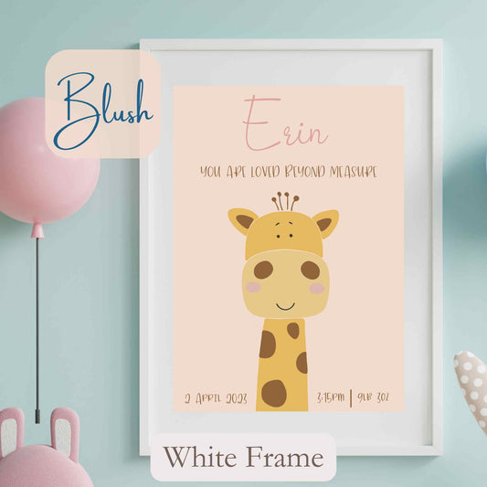 Personalised Framed Print with cute Giraffe, on blush coloured background with child’s name, and wording under name. White Frame.